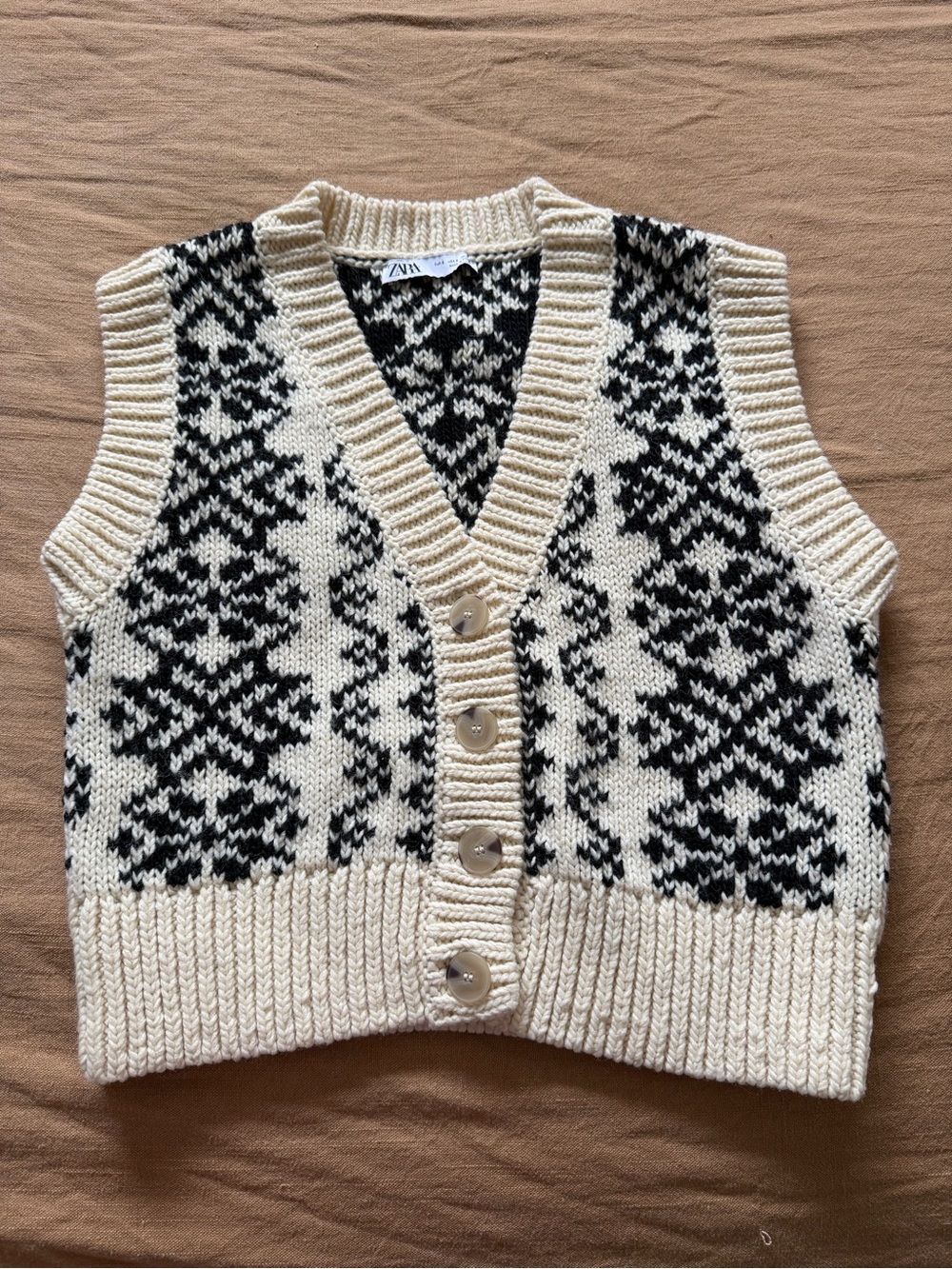 Zara Cream & Black Fair Isle Knit Button Vest